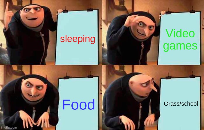 Gru's Plan | sleeping; Video games; Food; Grass/school | image tagged in memes,gru's plan | made w/ Imgflip meme maker