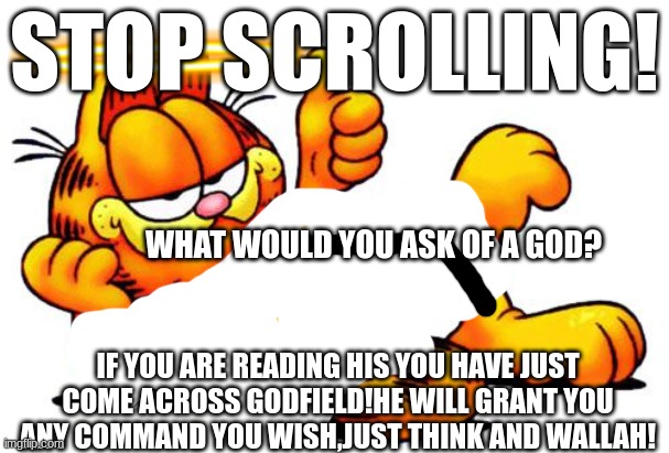 put your answer in the comment's⬇ | STOP SCROLLING! WHAT WOULD YOU ASK OF A GOD? IF YOU ARE READING HIS YOU HAVE JUST COME ACROSS GODFIELD!HE WILL GRANT YOU ANY COMMAND YOU WISH,JUST THINK AND WALLAH! | image tagged in garfield | made w/ Imgflip meme maker