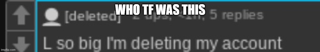 ivfrogfdefr | WHO TF WAS THIS | image tagged in l so big i'm deleting my account | made w/ Imgflip meme maker