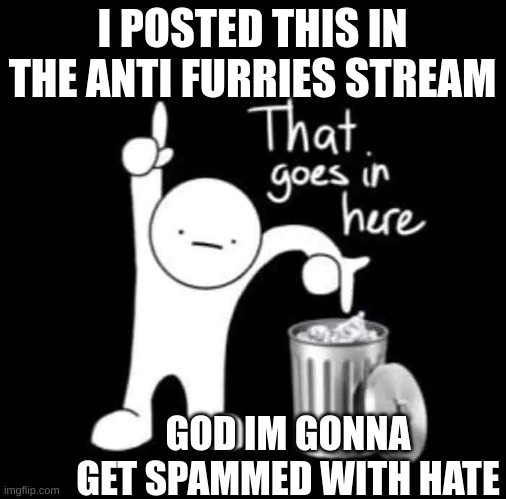 i posted this image in the anti furs stream help | I POSTED THIS IN THE ANTI FURRIES STREAM; GOD IM GONNA GET SPAMMED WITH HATE | image tagged in that goes in here | made w/ Imgflip meme maker