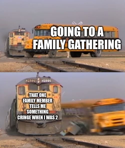 who is this guy again? | GOING TO A FAMILY GATHERING; THAT ONE FAMILY MEMBER TELLS ME SOMETHING CRINGE WHEN I WAS 2 | image tagged in a train hitting a school bus | made w/ Imgflip meme maker