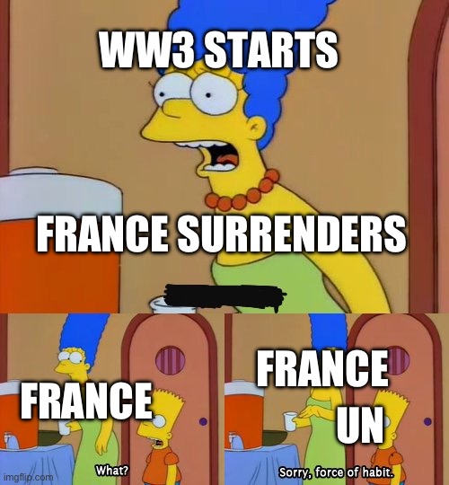 Every time | WW3 STARTS; FRANCE SURRENDERS; FRANCE; FRANCE; UN | image tagged in bart nooo,france | made w/ Imgflip meme maker