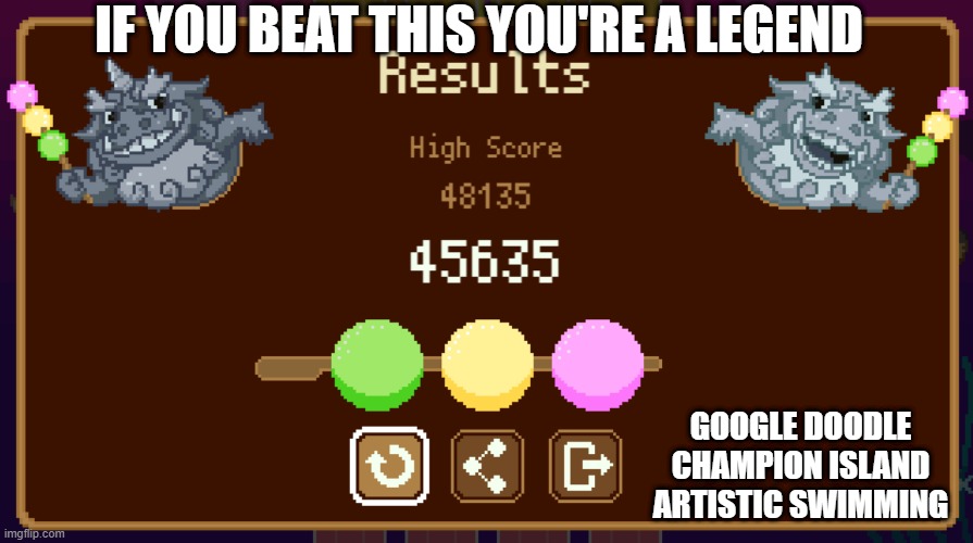 beat this nerds | IF YOU BEAT THIS YOU'RE A LEGEND; GOOGLE DOODLE CHAMPION ISLAND ARTISTIC SWIMMING | image tagged in fun,gaming | made w/ Imgflip meme maker