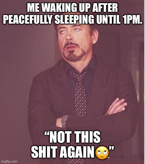 Face You Make Robert Downey Jr | ME WAKING UP AFTER PEACEFULLY SLEEPING UNTIL 1PM. “NOT THIS SHIT AGAIN🙄” | image tagged in memes,face you make robert downey jr | made w/ Imgflip meme maker