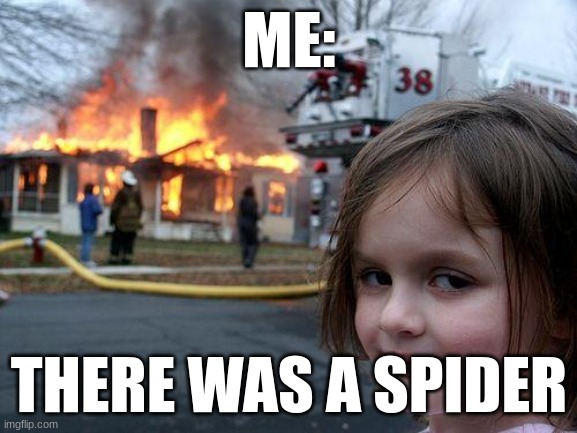 Disaster Girl | ME:; THERE WAS A SPIDER | image tagged in memes,disaster girl | made w/ Imgflip meme maker