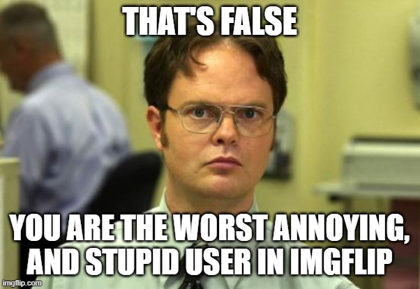 Dwight Schrute Meme | THAT'S FALSE YOU ARE THE WORST ANNOYING, AND STUPID USER IN IMGFLIP | image tagged in memes,dwight schrute | made w/ Imgflip meme maker