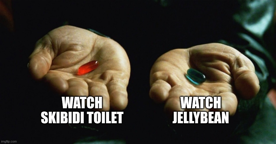 Red pill blue pill | WATCH SKIBIDI TOILET WATCH JELLYBEAN | image tagged in red pill blue pill | made w/ Imgflip meme maker