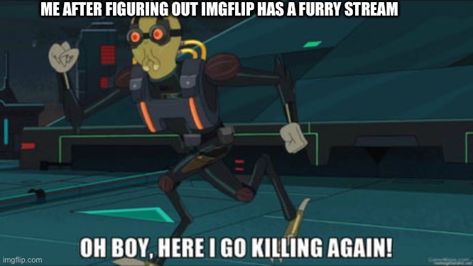 True | ME AFTER FIGURING OUT IMGFLIP HAS A FURRY STREAM | image tagged in oh boy here i go killing again,anti furry,furry,rick and morty | made w/ Imgflip meme maker