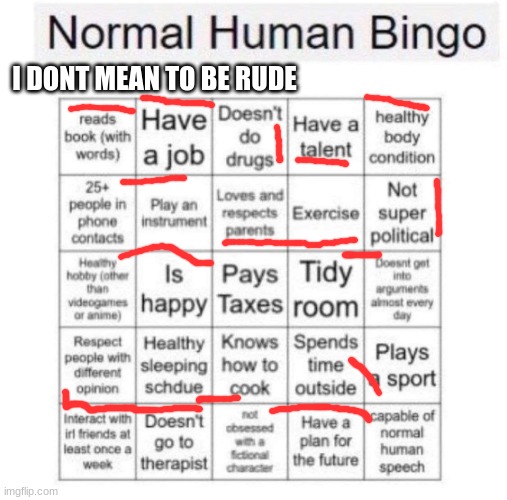 Normal human bingo | I DONT MEAN TO BE RUDE | image tagged in normal human bingo | made w/ Imgflip meme maker