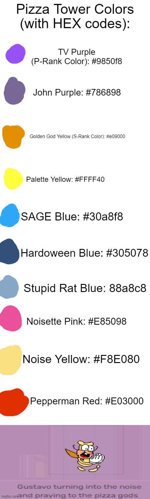First set of Pizza Tower Colors! | Pizza Tower Colors (with HEX codes):; TV Purple (P-Rank Color): #9850f8; John Purple: #786898; Golden God Yellow (S-Rank Color): #e09000; Palette Yellow: #FFFF40; SAGE Blue: #30a8f8; Hardoween Blue: #305078; Stupid Rat Blue: 88a8c8; Noisette Pink: #E85098; Noise Yellow: #F8E080; Pepperman Red: #E03000 | image tagged in pizza tower | made w/ Imgflip meme maker