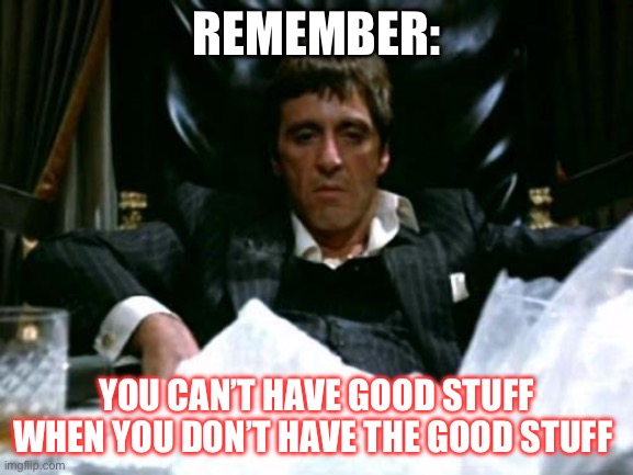 Scarface Cocaine | REMEMBER:; YOU CAN’T HAVE GOOD STUFF WHEN YOU DON’T HAVE THE GOOD STUFF | image tagged in scarface cocaine | made w/ Imgflip meme maker