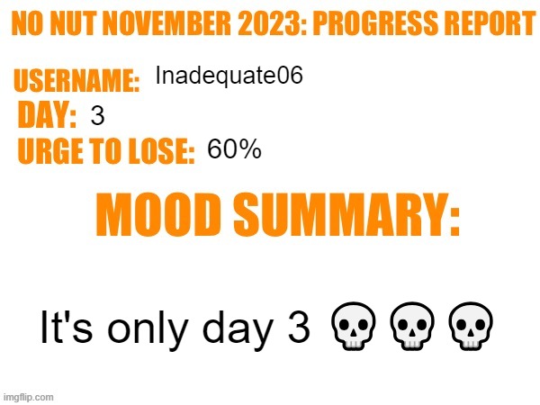 No Nut November 2023 Progress Report | Inadequate06; 3; 60%; It's only day 3 💀💀💀 | image tagged in no nut november 2023 progress report | made w/ Imgflip meme maker