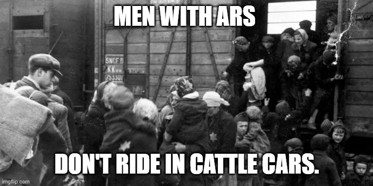 men with ARs | MEN WITH ARS; DON'T RIDE IN CATTLE CARS. | image tagged in cattle cars | made w/ Imgflip meme maker