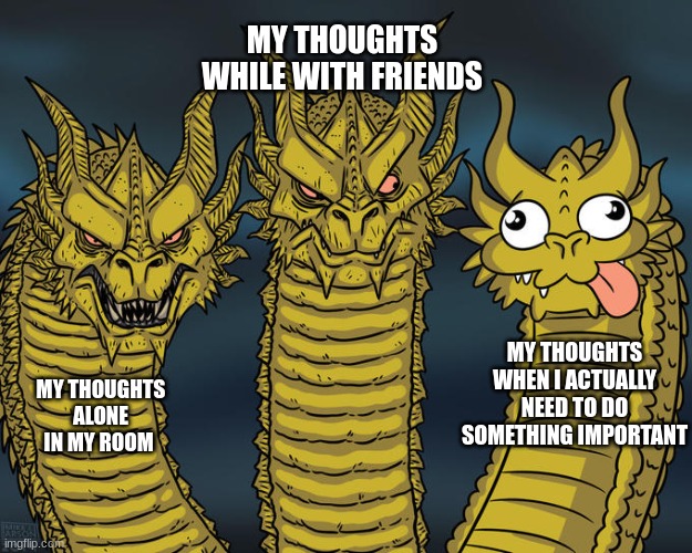 Three-headed Dragon | MY THOUGHTS WHILE WITH FRIENDS; MY THOUGHTS WHEN I ACTUALLY NEED TO DO SOMETHING IMPORTANT; MY THOUGHTS ALONE IN MY ROOM | image tagged in three-headed dragon | made w/ Imgflip meme maker