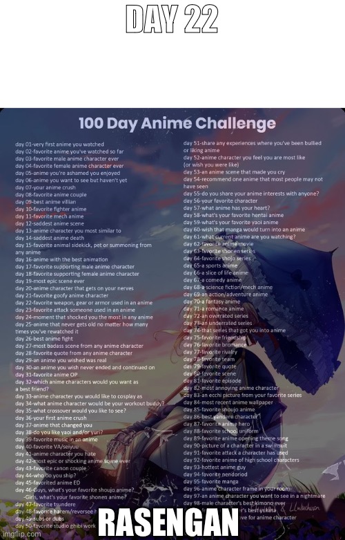 Day 22 | DAY 22; RASENGAN | image tagged in 100 day anime challenge,anime | made w/ Imgflip meme maker