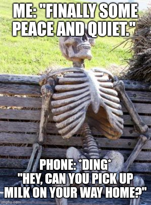 When u about to relax but you get a text | ME: "FINALLY SOME PEACE AND QUIET."; PHONE: *DING* "HEY, CAN YOU PICK UP MILK ON YOUR WAY HOME?" | image tagged in memes,waiting skeleton | made w/ Imgflip meme maker