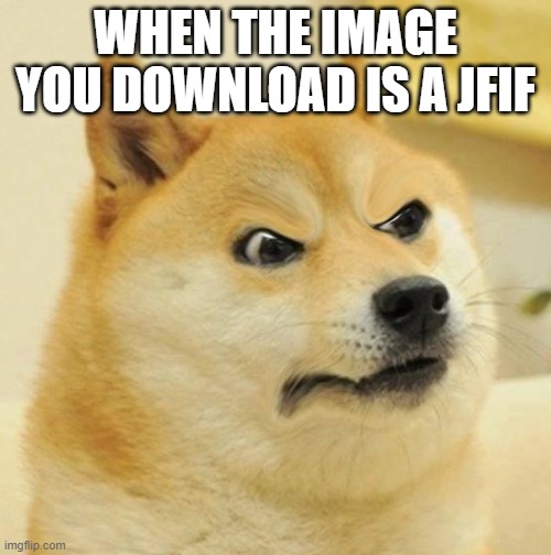 jfifs are so annoying | WHEN THE IMAGE YOU DOWNLOAD IS A JFIF | image tagged in confused angery doge,download | made w/ Imgflip meme maker