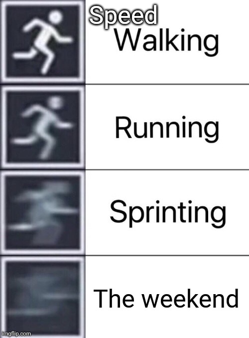 Walking, Running, Sprinting | Speed; The weekend | image tagged in walking running sprinting | made w/ Imgflip meme maker