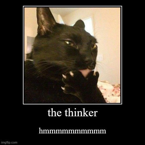 CATS THINK TOO | the thinker | hmmmmmmmmmm | image tagged in funny,demotivationals,memes,the thinker,cat,meme | made w/ Imgflip demotivational maker
