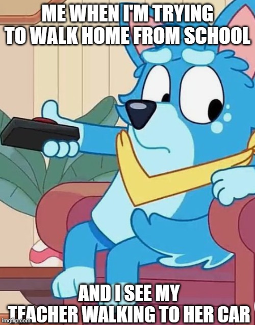 I DON'T KOW YOU | ME WHEN I'M TRYING TO WALK HOME FROM SCHOOL; AND I SEE MY TEACHER WALKING TO HER CAR | image tagged in memes,funny,bluey,lolz,awkward | made w/ Imgflip meme maker