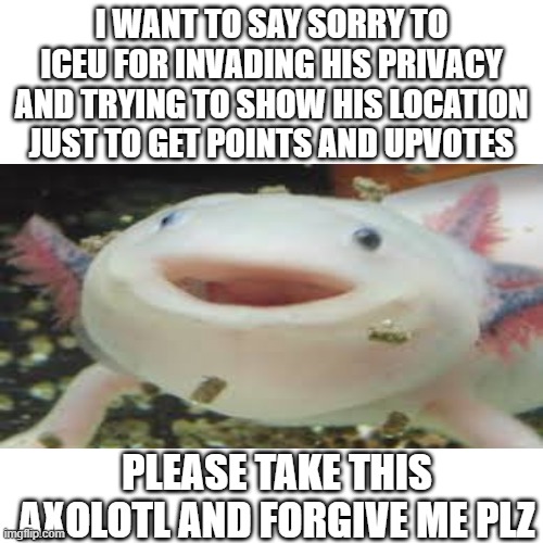 I'm very sorry iceu... | I WANT TO SAY SORRY TO ICEU FOR INVADING HIS PRIVACY AND TRYING TO SHOW HIS LOCATION JUST TO GET POINTS AND UPVOTES; PLEASE TAKE THIS AXOLOTL AND FORGIVE ME PLZ | image tagged in iceu,sorry,axolotl | made w/ Imgflip meme maker