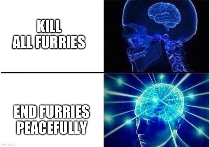 Expanding brain 2-step | KILL ALL FURRIES; END FURRIES PEACEFULLY | image tagged in expanding brain 2-step | made w/ Imgflip meme maker