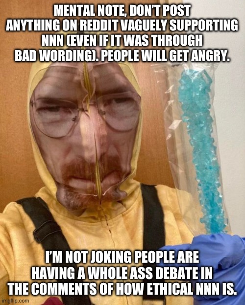 I have brain damage from this ? | MENTAL NOTE, DON’T POST ANYTHING ON REDDIT VAGUELY SUPPORTING NNN (EVEN IF IT WAS THROUGH BAD WORDING). PEOPLE WILL GET ANGRY. I’M NOT JOKING PEOPLE ARE HAVING A WHOLE ASS DEBATE IN THE COMMENTS OF HOW ETHICAL NNN IS. | made w/ Imgflip meme maker