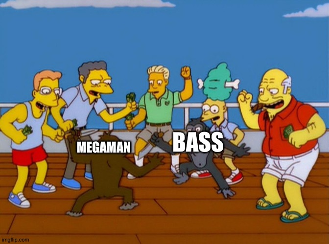 Megaman vs. Bass in a nutshell | BASS; MEGAMAN | image tagged in simpsons monkey fight | made w/ Imgflip meme maker