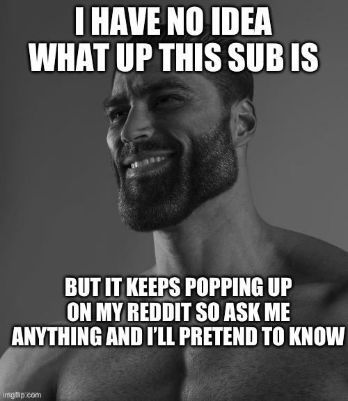 Giga Chad | I HAVE NO IDEA WHAT UP THIS SUB IS; BUT IT KEEPS POPPING UP ON MY REDDIT SO ASK ME ANYTHING AND I’LL PRETEND TO KNOW | image tagged in giga chad | made w/ Imgflip meme maker