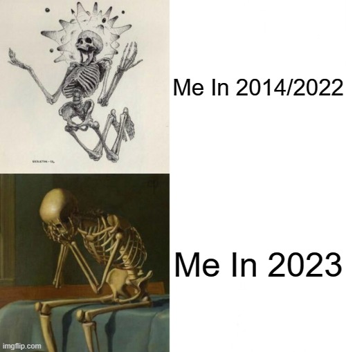 I Missed Those Times. | Me In 2014/2022; Me In 2023 | image tagged in excited vs depressed,nostalgia,depression,sad,2023 sucks | made w/ Imgflip meme maker