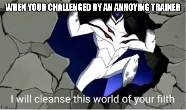Ben 10 I will cleanse this world of your filth | WHEN YOUR CHALLENGED BY AN ANNOYING TRAINER | image tagged in ben 10 i will cleanse this world of your filth | made w/ Imgflip meme maker