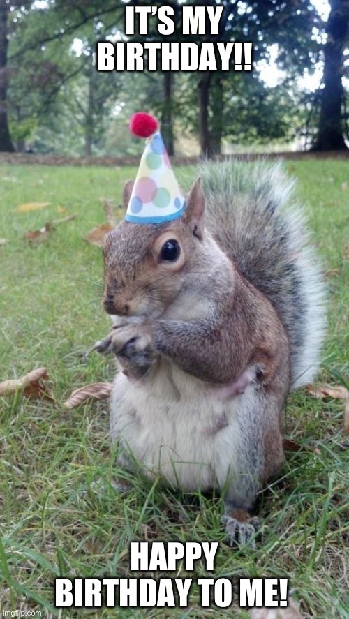 It’s my birthday! | IT’S MY BIRTHDAY!! HAPPY BIRTHDAY TO ME! | image tagged in memes,super birthday squirrel,birthday,happy birthday,funny | made w/ Imgflip meme maker