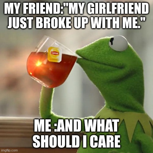 But That's None Of My Business Meme | MY FRIEND:"MY GIRLFRIEND JUST BROKE UP WITH ME."; ME :AND WHAT SHOULD I CARE | image tagged in memes,but that's none of my business,kermit the frog | made w/ Imgflip meme maker