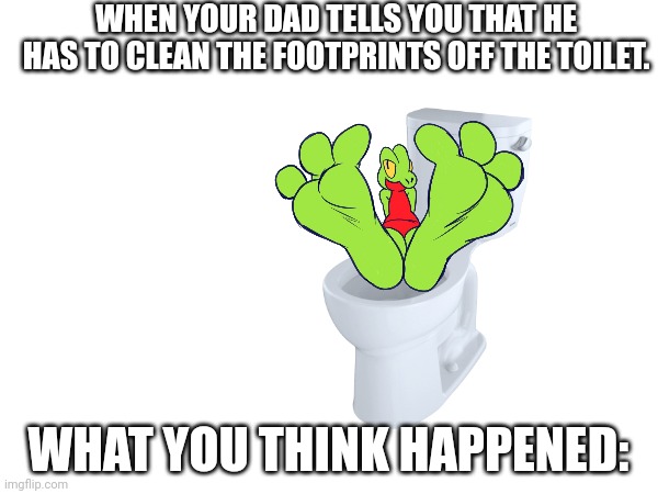Well Duh‽ | WHEN YOUR DAD TELLS YOU THAT HE HAS TO CLEAN THE FOOTPRINTS OFF THE TOILET. WHAT YOU THINK HAPPENED: | image tagged in toilet,feet,footprints,farting beans | made w/ Imgflip meme maker
