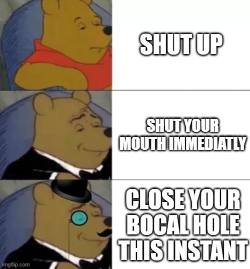 Different ways to say "STFU" | SHUT UP; SHUT YOUR MOUTH IMMEDIATLY; CLOSE YOUR BOCAL HOLE THIS INSTANT | image tagged in fancy pooh | made w/ Imgflip meme maker