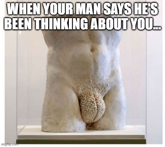 Think With Your..... | WHEN YOUR MAN SAYS HE'S BEEN THINKING ABOUT YOU... | image tagged in sex jokes | made w/ Imgflip meme maker