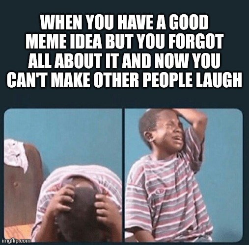 Related to my brain | WHEN YOU HAVE A GOOD MEME IDEA BUT YOU FORGOT ALL ABOUT IT AND NOW YOU CAN'T MAKE OTHER PEOPLE LAUGH | image tagged in black kid crying reversed | made w/ Imgflip meme maker
