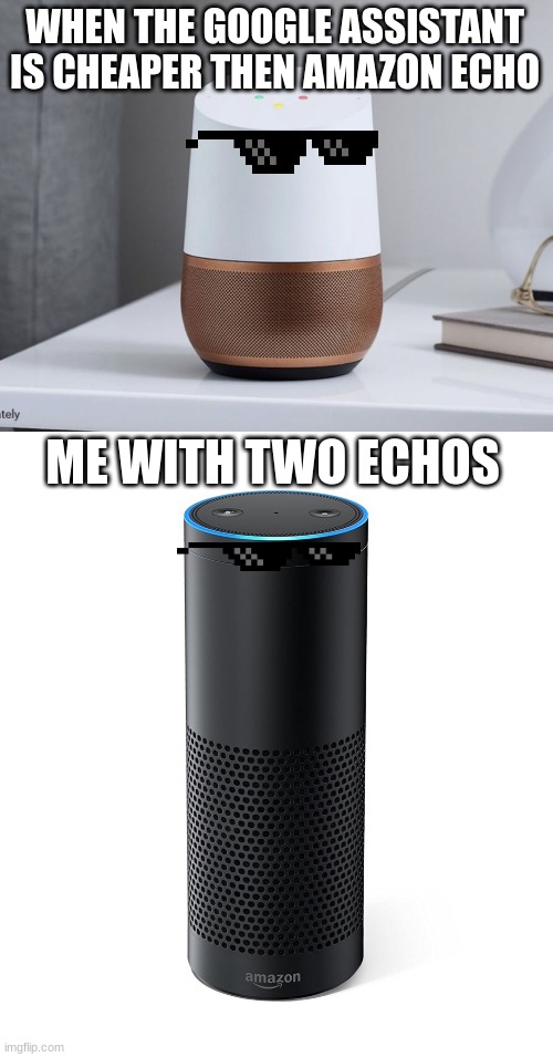 Amazon VS Google | WHEN THE GOOGLE ASSISTANT IS CHEAPER THEN AMAZON ECHO; ME WITH TWO ECHOS | image tagged in google home,amazon echo | made w/ Imgflip meme maker