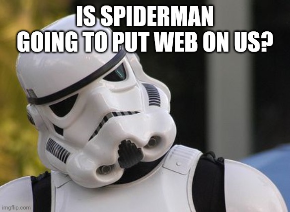 Confused stormtrooper | IS SPIDERMAN GOING TO PUT WEB ON US? | image tagged in confused stormtrooper | made w/ Imgflip meme maker