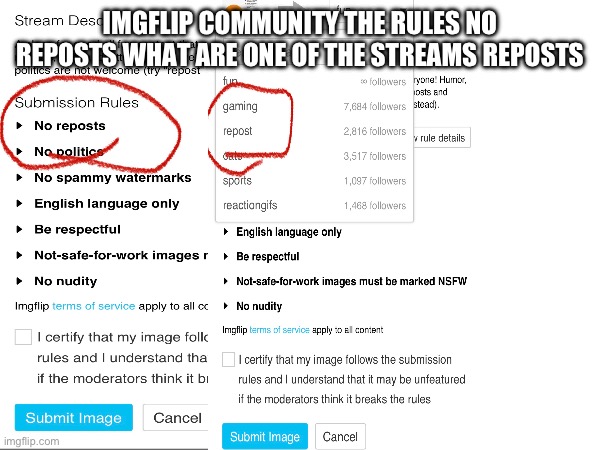 IMGFLIP COMMUNITY THE RULES NO REPOSTS WHAT ARE ONE OF THE STREAMS REPOSTS | made w/ Imgflip meme maker