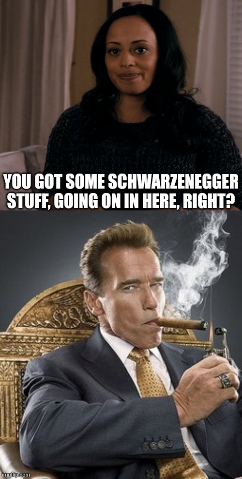 Arnold schwarzenegger | YOU GOT SOME SCHWARZENEGGER STUFF, GOING ON IN HERE, RIGHT? | image tagged in arnold schwarzenegger | made w/ Imgflip meme maker