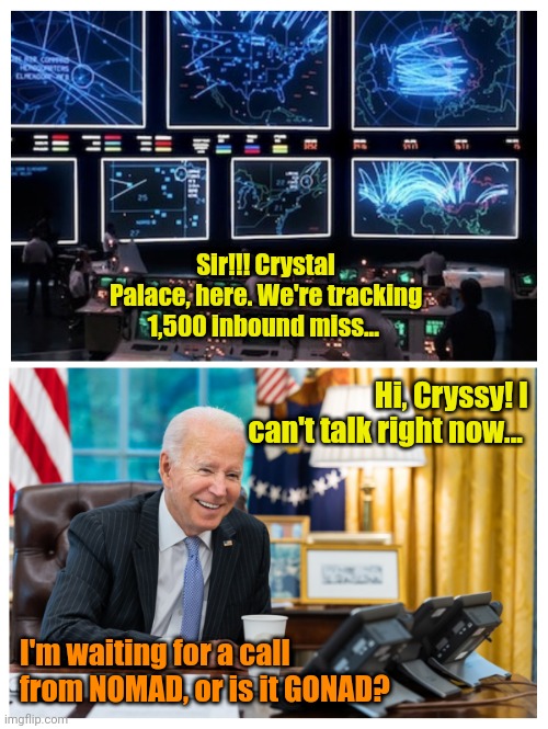 How WWIII will work out for us... | Sir!!! Crystal Palace, here. We're tracking 1,500 inbound miss... Hi, Cryssy! I can't talk right now... I'm waiting for a call from NOMAD, or is it GONAD? | made w/ Imgflip meme maker