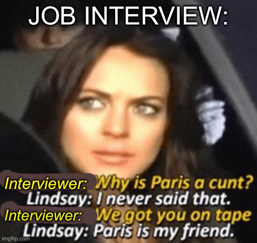 That went well | JOB INTERVIEW:; Interviewer:; Interviewer: | image tagged in paris is my friend,lindsay lohan,paris hilton,work,interview | made w/ Imgflip meme maker