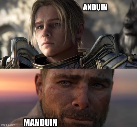 Anduin to Manduin | ANDUIN; MANDUIN | image tagged in world of warcraft,fantasy,sad,warrior | made w/ Imgflip meme maker