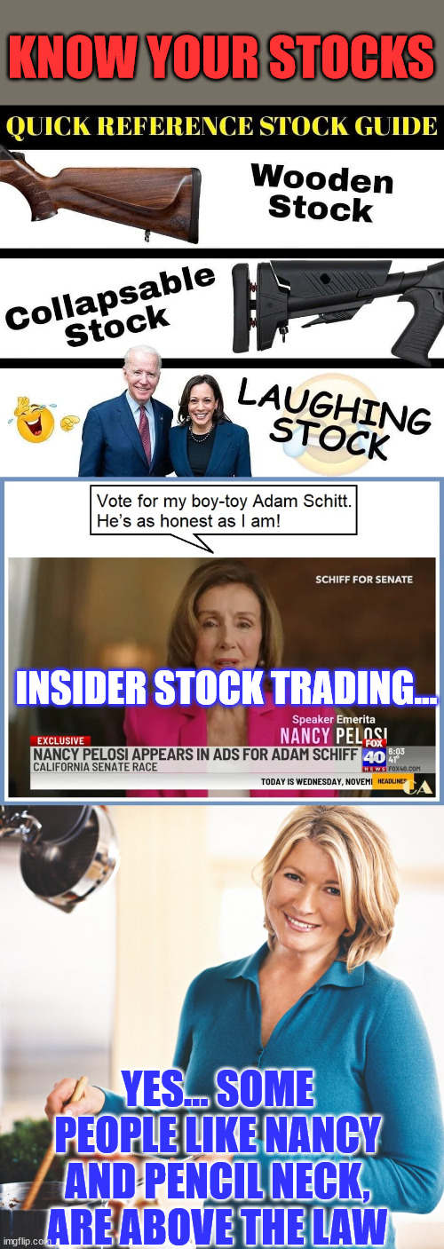 Know your stocks... | KNOW YOUR STOCKS; INSIDER STOCK TRADING... YES... SOME PEOPLE LIKE NANCY AND PENCIL NECK, ARE ABOVE THE LAW | image tagged in martha stewart problems,american,injustice,crooked,pelosi,adam schiff | made w/ Imgflip meme maker