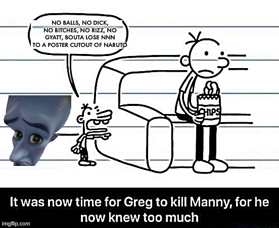 FRFR bru he knooooows | NO BALLS, NO DICK, NO BITCHES, NO RIZZ, NO GYATT, BOUTA LOSE NNN TO A POSTER CUTOUT OF NARUTO | image tagged in it was now time for greg to kill manny for he now knew too much,nnn,no bitches | made w/ Imgflip meme maker