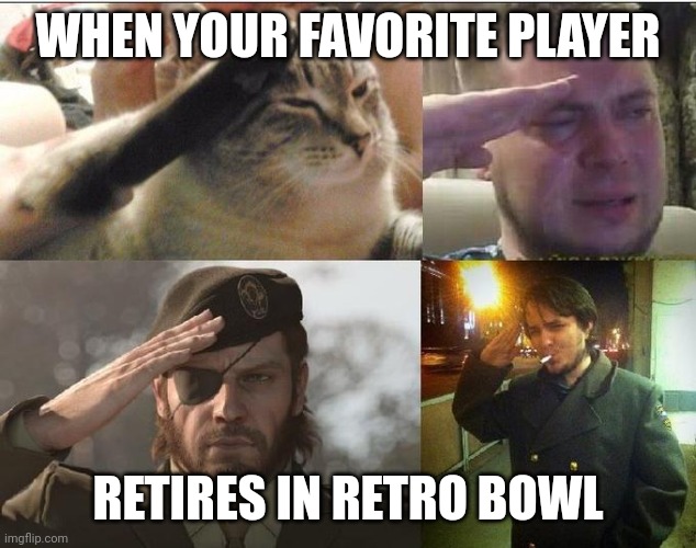 So long | WHEN YOUR FAVORITE PLAYER; RETIRES IN RETRO BOWL | image tagged in ozon's salute,retro,gaming | made w/ Imgflip meme maker