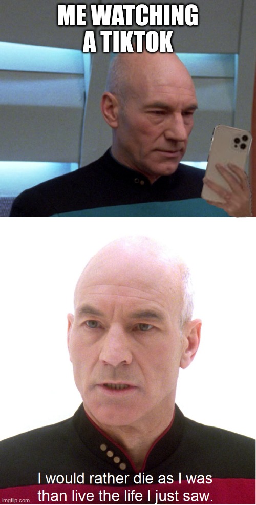 Picard Tapestry | ME WATCHING A TIKTOK | image tagged in picard tapestry | made w/ Imgflip meme maker