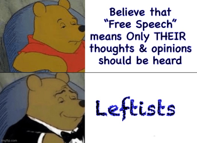 Free For All | Believe that
“Free Speech”
means Only THEIR 
thoughts & opinions
should be heard; Leftists | image tagged in memes,tuxedo winnie the pooh,hey fjb voters u really effd up america,only took 2 yrs,pos,fjb voters kissmyass | made w/ Imgflip meme maker