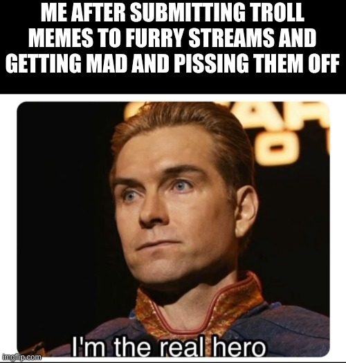 I am a Warrior, noble to this society | ME AFTER SUBMITTING TROLL MEMES TO FURRY STREAMS AND GETTING MAD AND PISSING THEM OFF | image tagged in i'm the real hero | made w/ Imgflip meme maker
